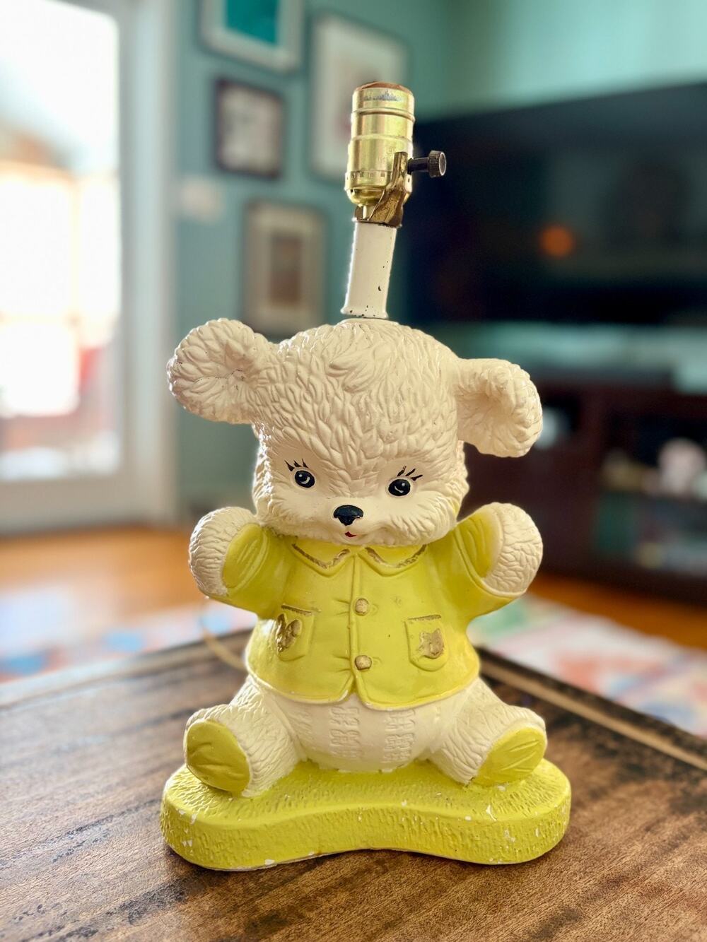 Teddy Bear Lamp Vintage 1970s Nursery Yellow Table Lamp 11in
